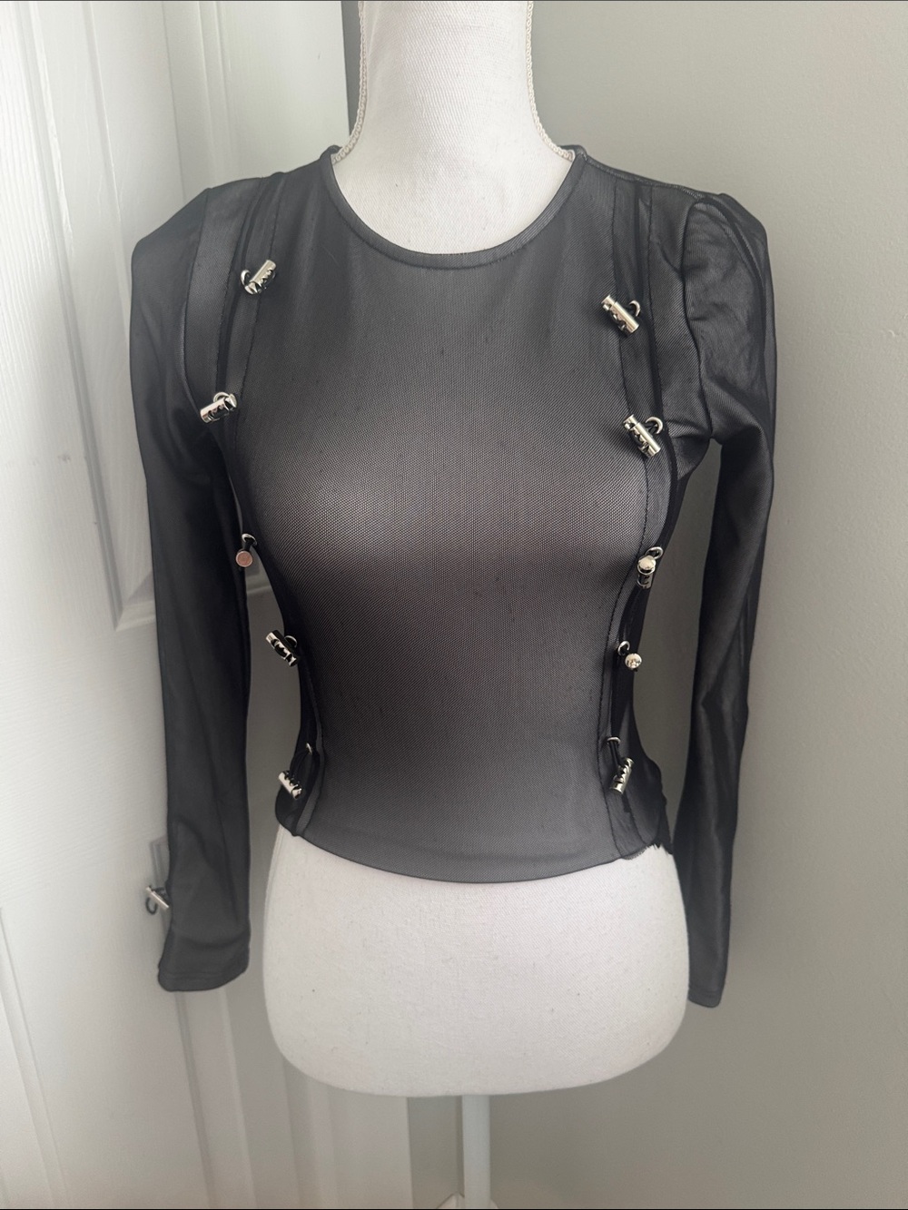 Maniere De Voir Black Sheer Long Sleeve Top with Silver Clip Details